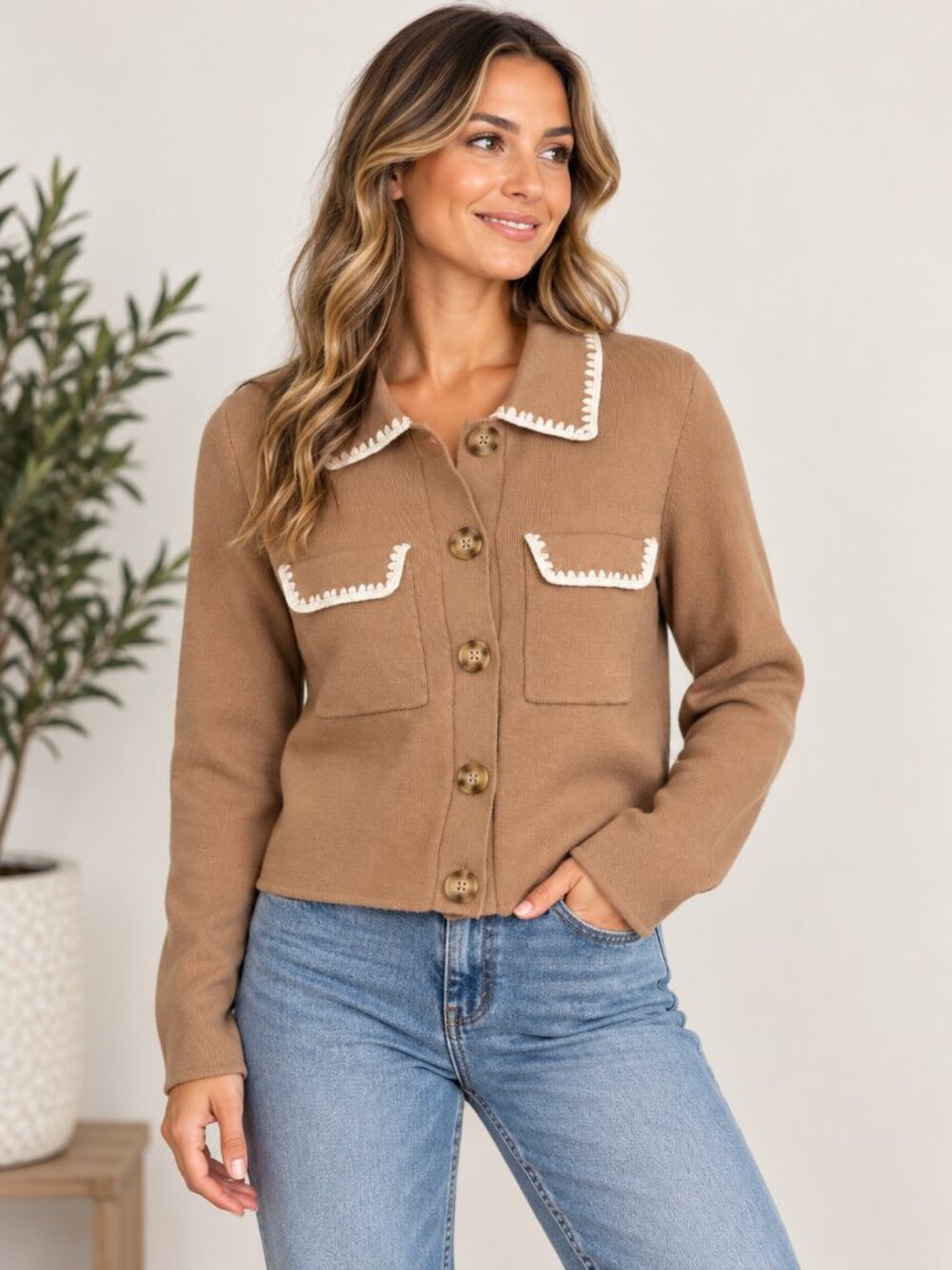 Joie Camel Knit Cardigan Jacket Cream Trim Pockets Women's Large